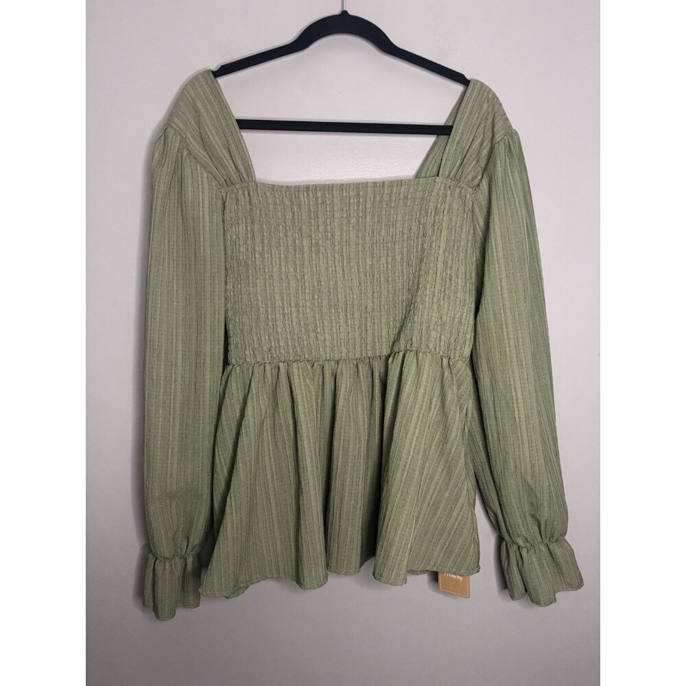 Squared Neck Crinkle Gauze Smocked Top Sage Green Size 2XL Fairycore Milkmaid